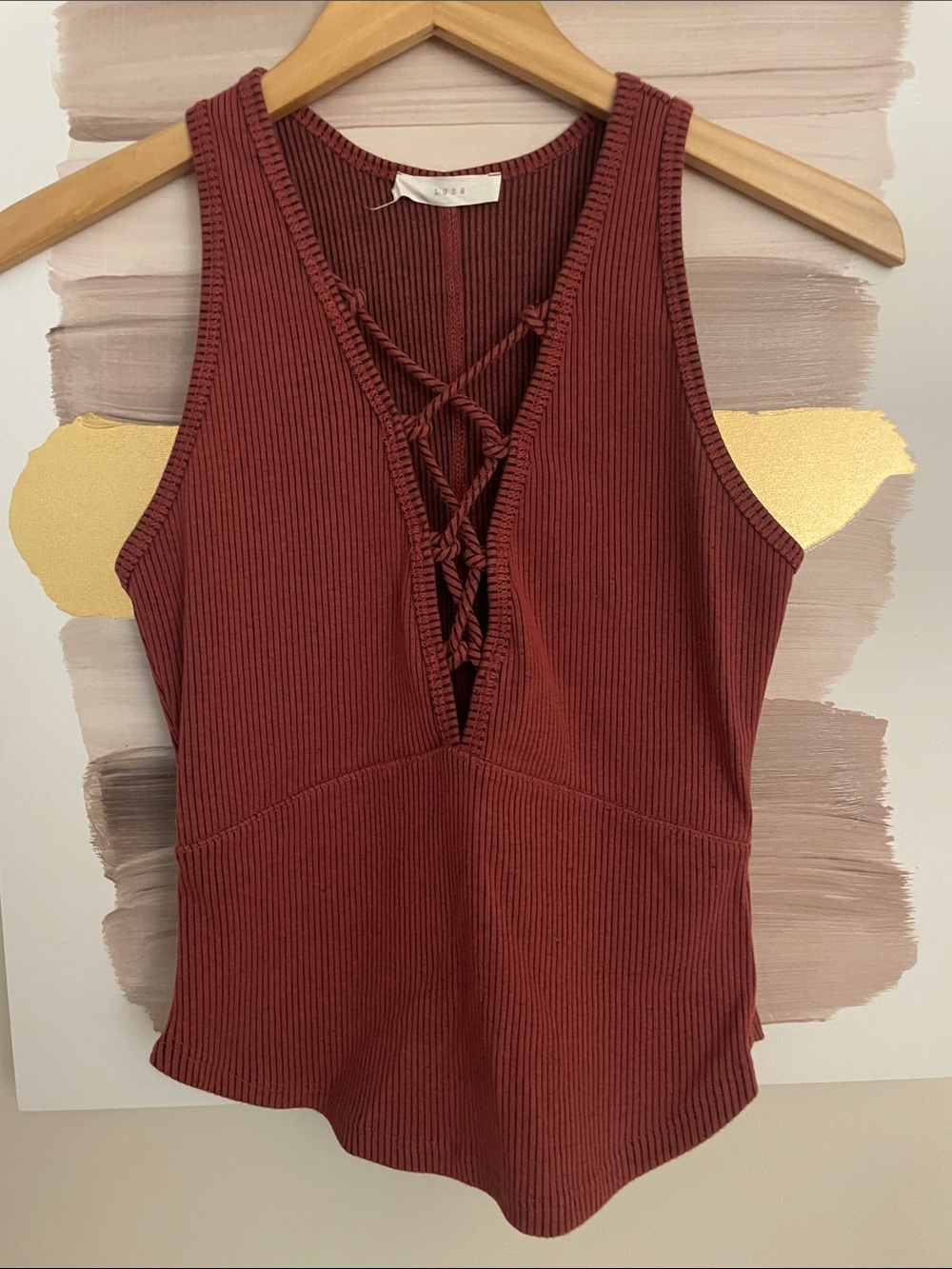 Lush Ribbed Lace-Up Tank Top - Burnt Red
